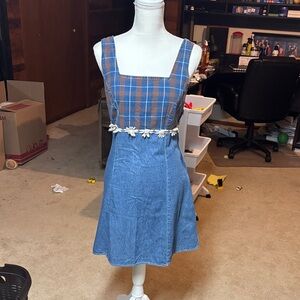 Vintage Plaid Denim Dress with Floral Accents